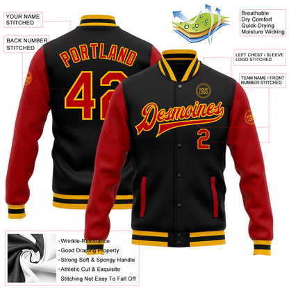 Custom Black Red-Gold Bomber Full-Snap Varsity Letterman Two Tone Jacket