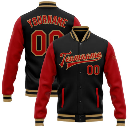 Custom Black Red-Old Gold Bomber Full-Snap Varsity Letterman Two Tone Jacket