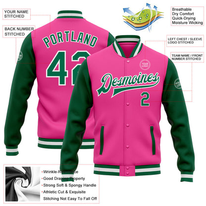 Custom Pink Kelly Green-White Bomber Full-Snap Varsity Letterman Two Tone Jacket