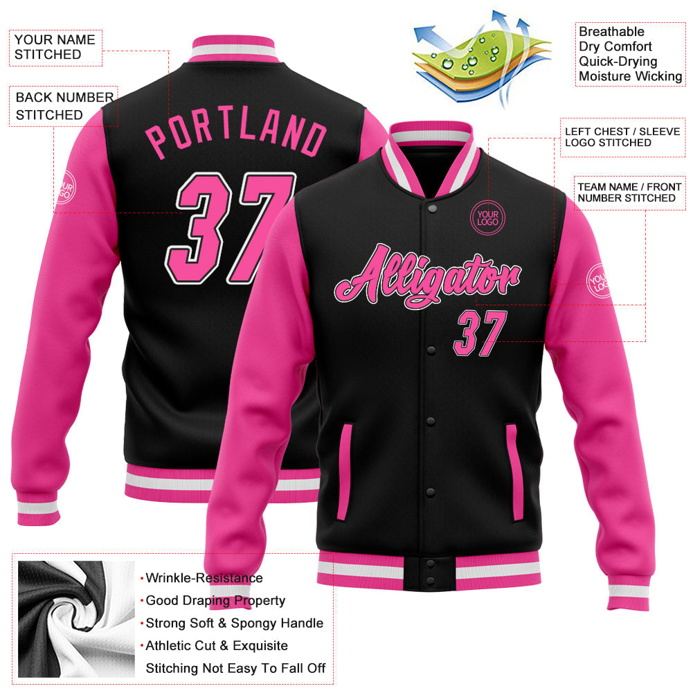 Custom Black Pink-White Bomber Full-Snap Varsity Letterman Two Tone Jacket