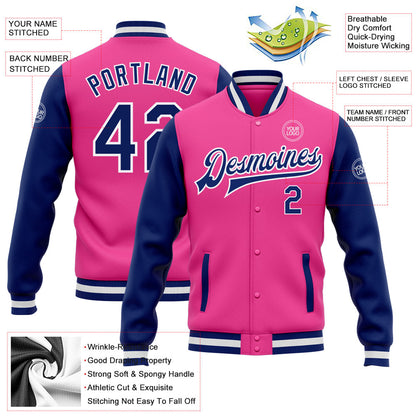 Custom Pink Royal-White Bomber Full-Snap Varsity Letterman Two Tone Jacket