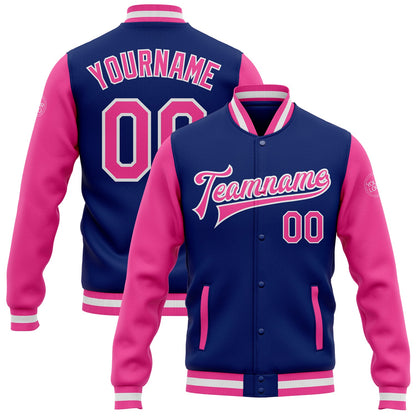 Custom Royal Pink-White Bomber Full-Snap Varsity Letterman Two Tone Jacket