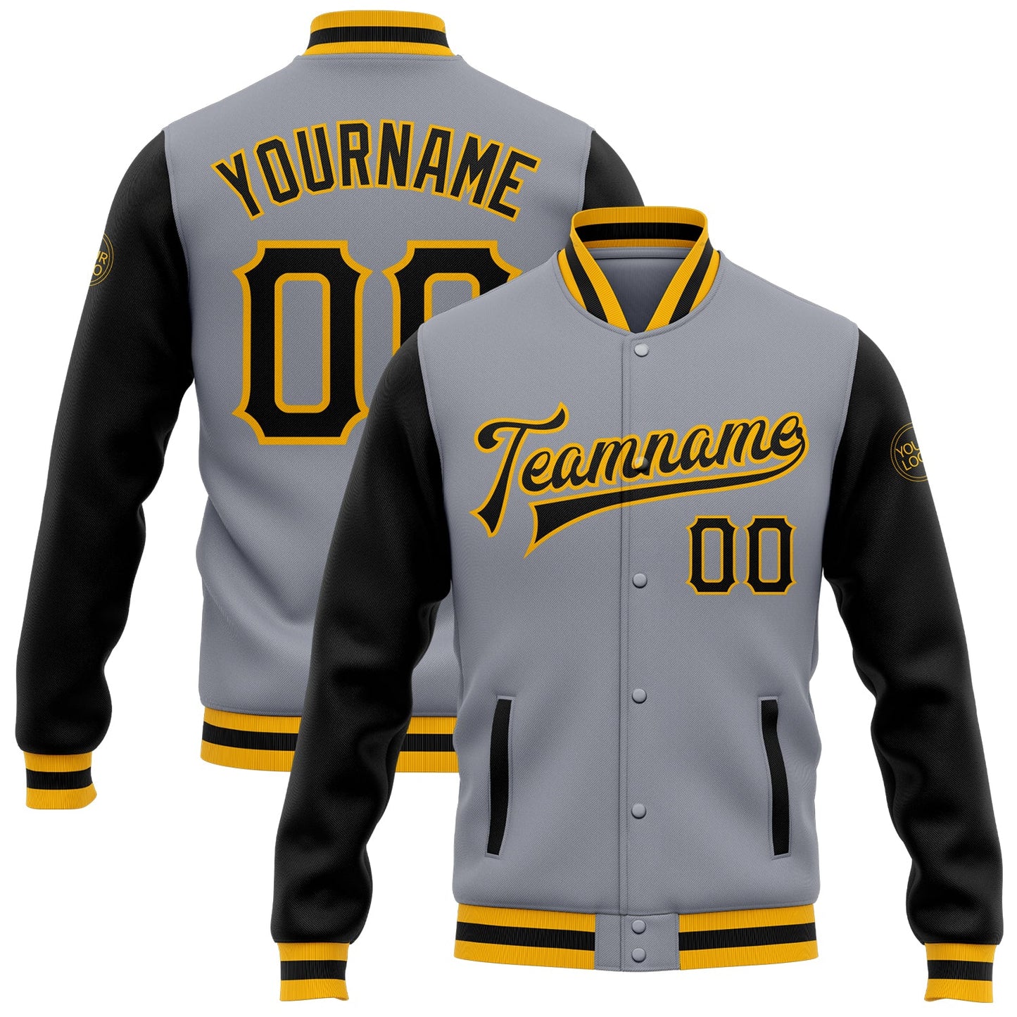 Custom Gray Black-Gold Bomber Full-Snap Varsity Letterman Two Tone Jacket