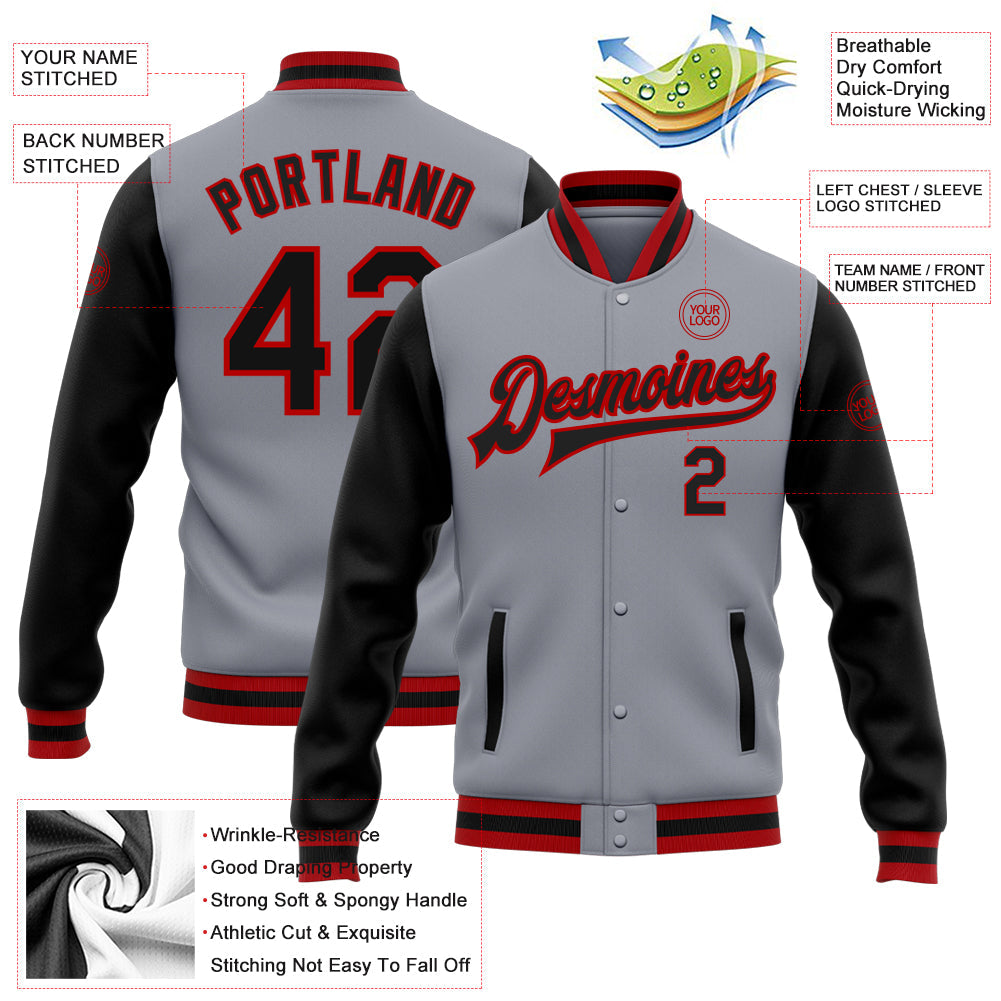 Custom Gray Black-Red Bomber Full-Snap Varsity Letterman Two Tone Jacket