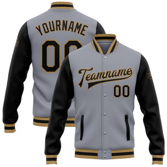 Custom Gray Black-Old Gold Bomber Full-Snap Varsity Letterman Two Tone Jacket