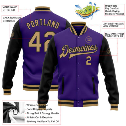 Custom Purple Old Gold-Black Bomber Full-Snap Varsity Letterman Two Tone Jacket