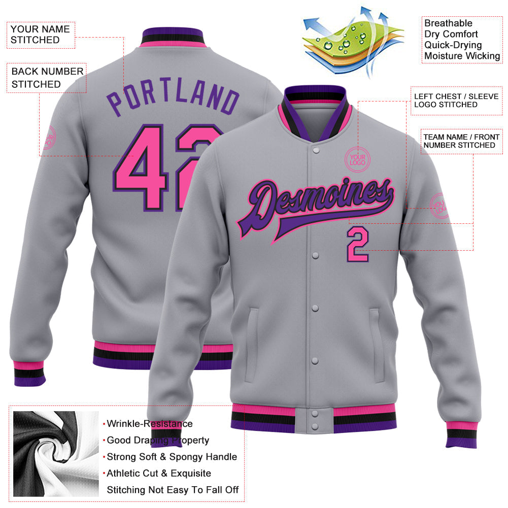 Custom Gray Pink Black-Purple Bomber Full-Snap Varsity Letterman Jacket