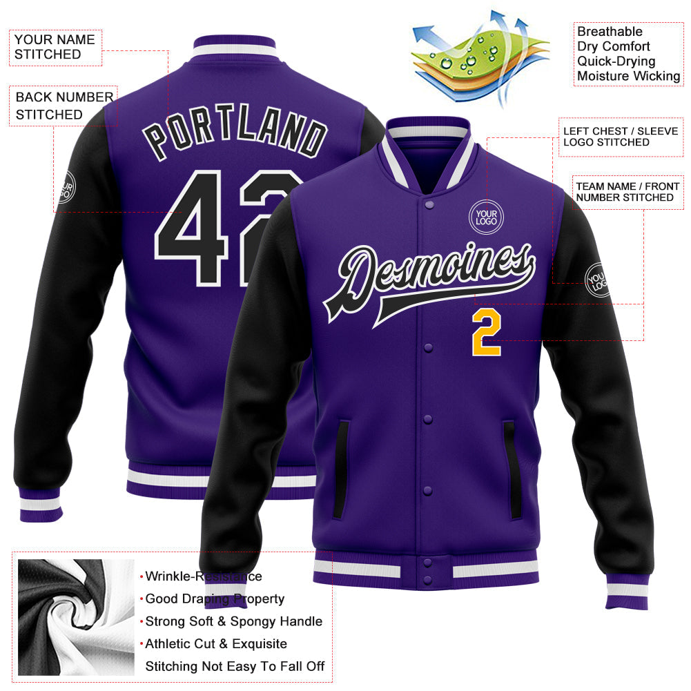 Custom Purple Black-Gold Bomber Full-Snap Varsity Letterman Two Tone Jacket