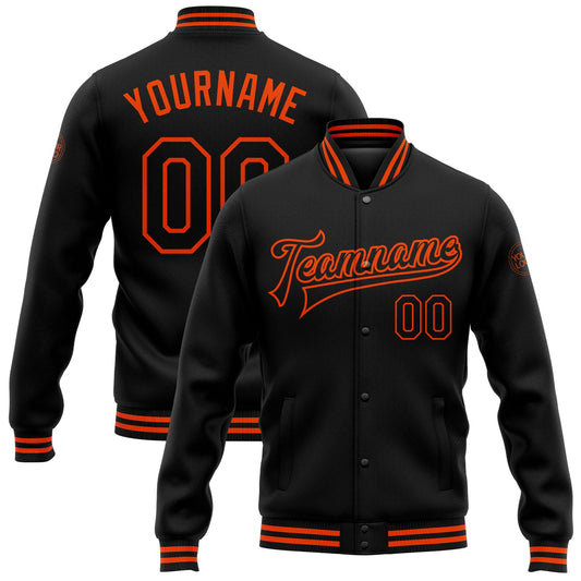 Custom Black Orange Bomber Full-Snap Varsity Letterman Jacket