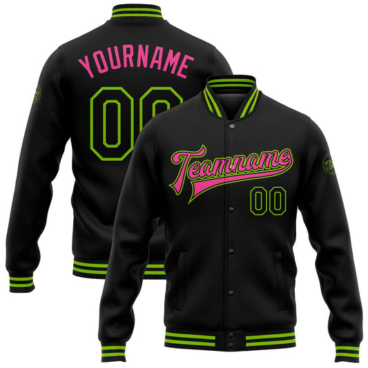 Custom Black Neon Green-Pink Bomber Full-Snap Varsity Letterman Jacket