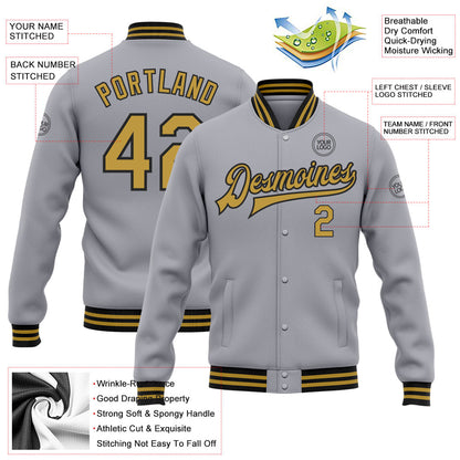 Custom Gray Old Gold-Black Bomber Full-Snap Varsity Letterman Jacket