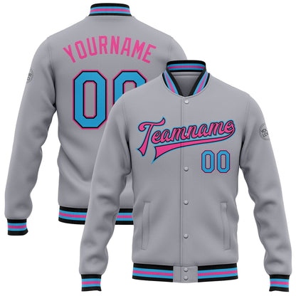 Custom Gray Sky Blue Black-Pink Bomber Full-Snap Varsity Letterman Jacket