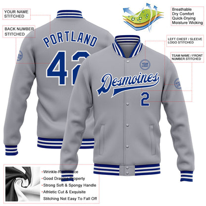 Custom Gray Royal-White Bomber Full-Snap Varsity Letterman Jacket