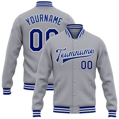 Custom Gray Royal-White Bomber Full-Snap Varsity Letterman Jacket