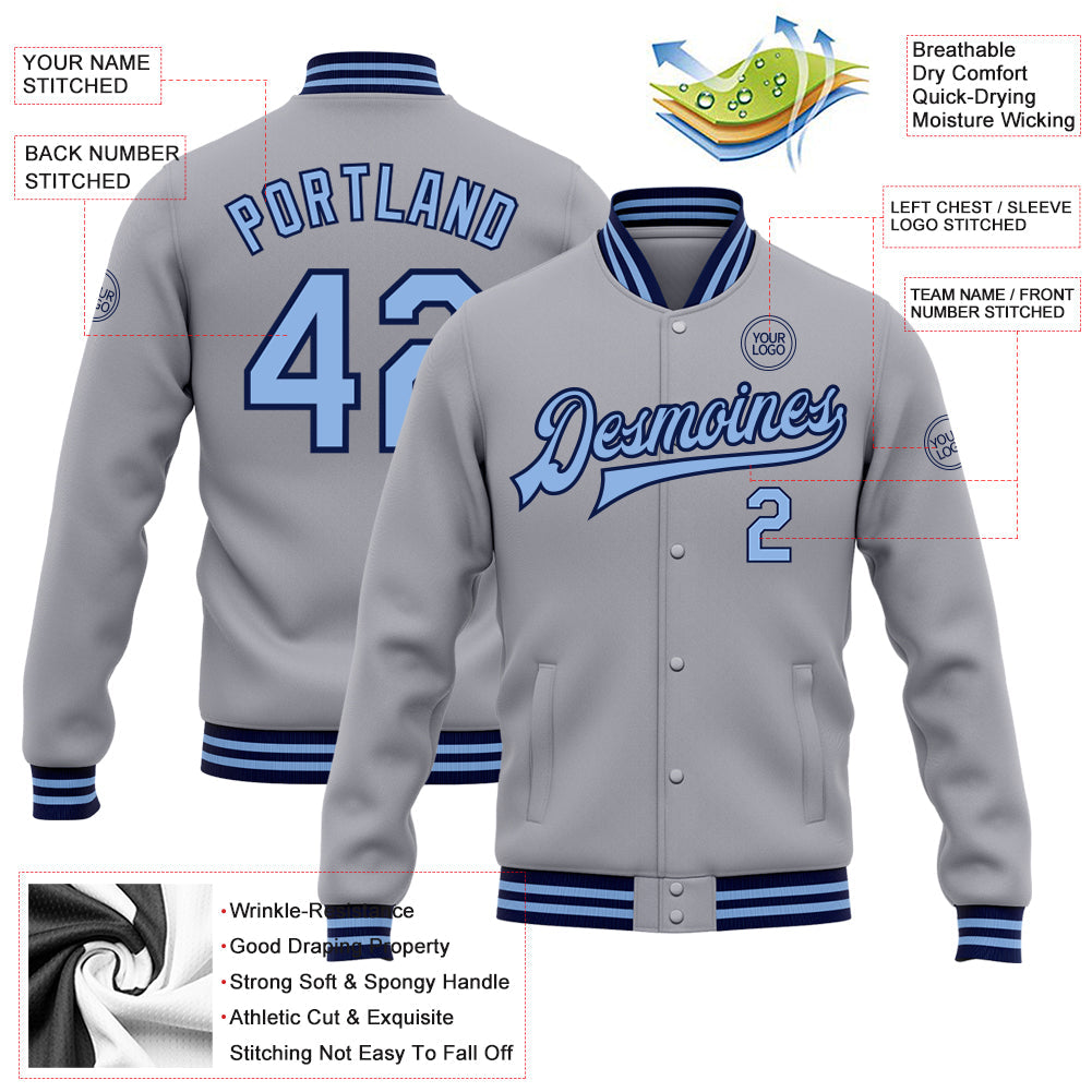 Custom Gray Light Blue-Navy Bomber Full-Snap Varsity Letterman Jacket