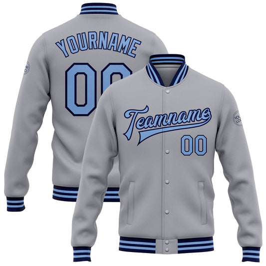 Custom Gray Light Blue-Navy Bomber Full-Snap Varsity Letterman Jacket