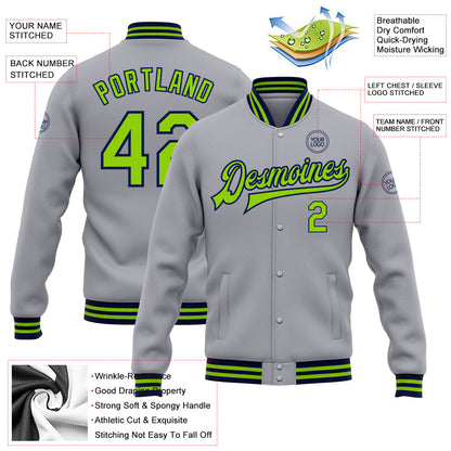 Custom Gray Neon Green-Navy Bomber Full-Snap Varsity Letterman Jacket