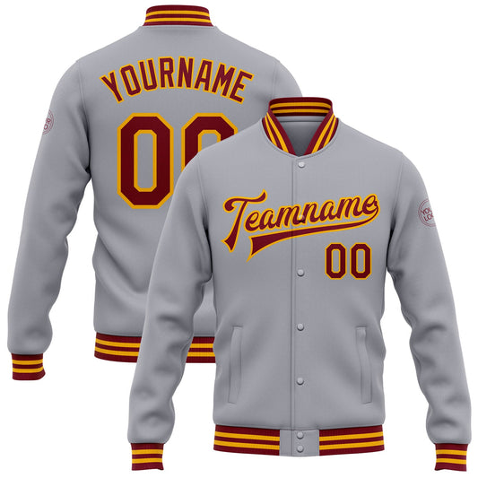 Custom Gray Crimson-Gold Bomber Full-Snap Varsity Letterman Jacket