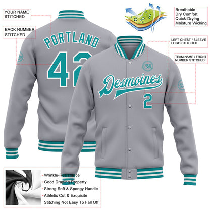 Custom Gray Teal-White Bomber Full-Snap Varsity Letterman Jacket