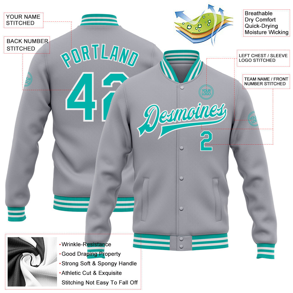 Custom Gray Aqua-White Bomber Full-Snap Varsity Letterman Jacket