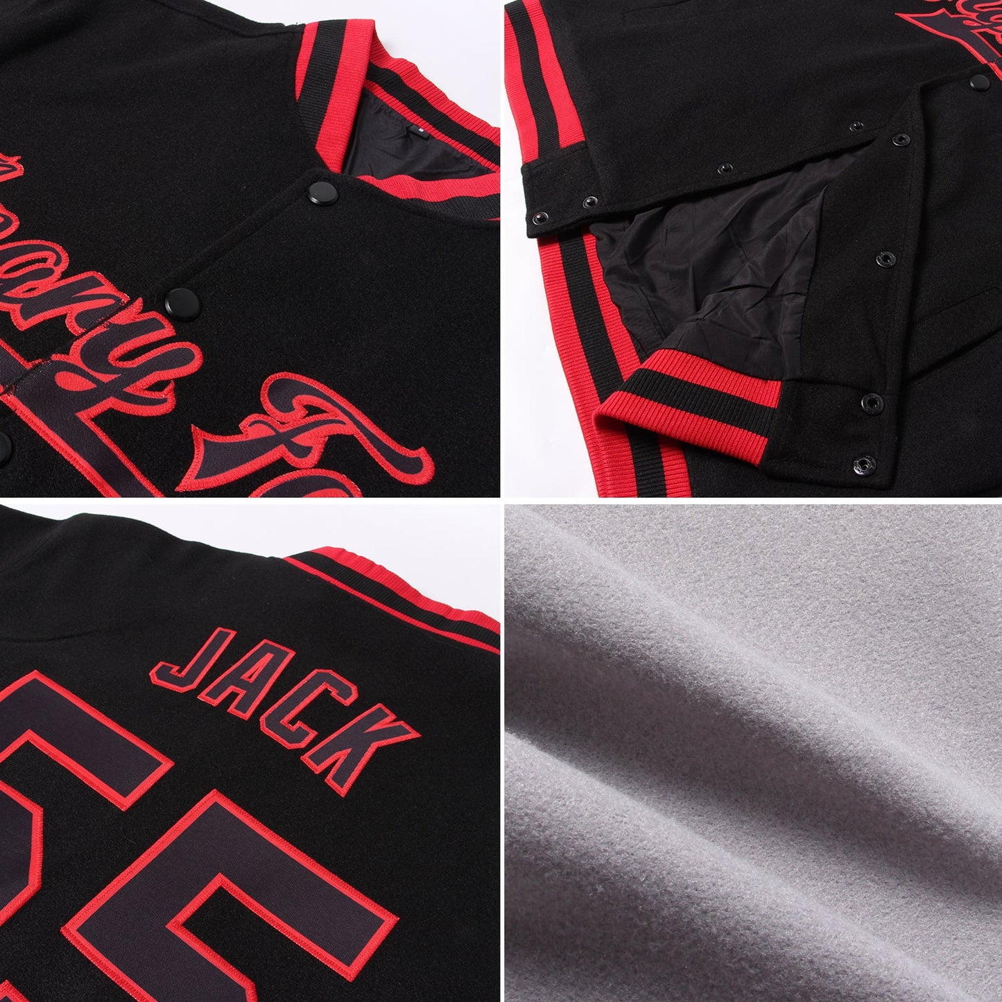 Custom Gray Red-Black Bomber Full-Snap Varsity Letterman Jacket