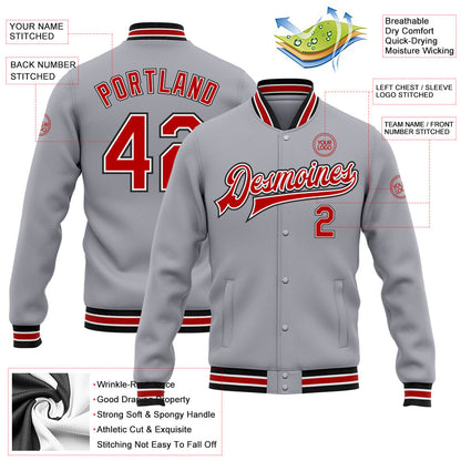 Custom Gray Red-Black Bomber Full-Snap Varsity Letterman Jacket