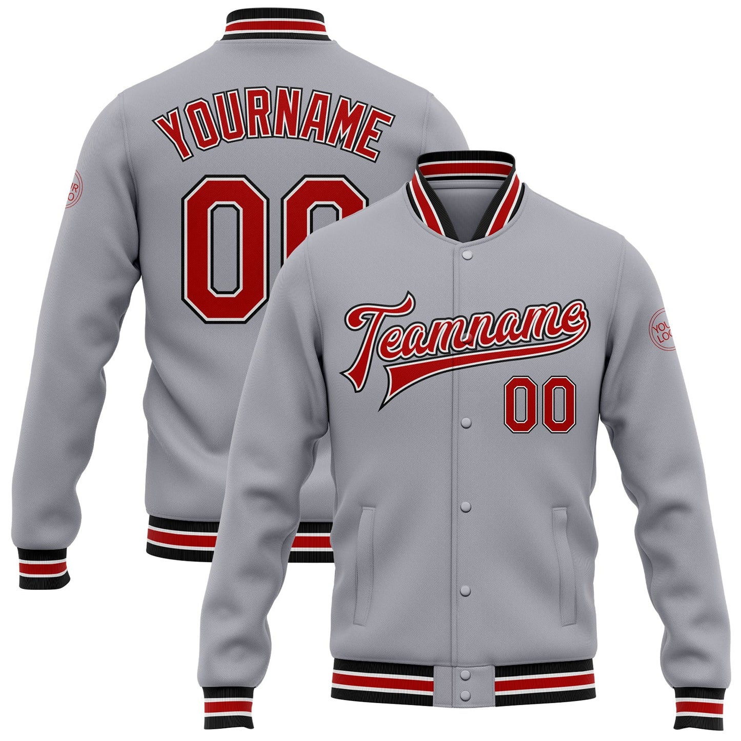 Custom Gray Red-Black Bomber Full-Snap Varsity Letterman Jacket