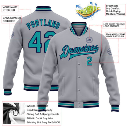 Custom Gray Teal-Navy Bomber Full-Snap Varsity Letterman Jacket