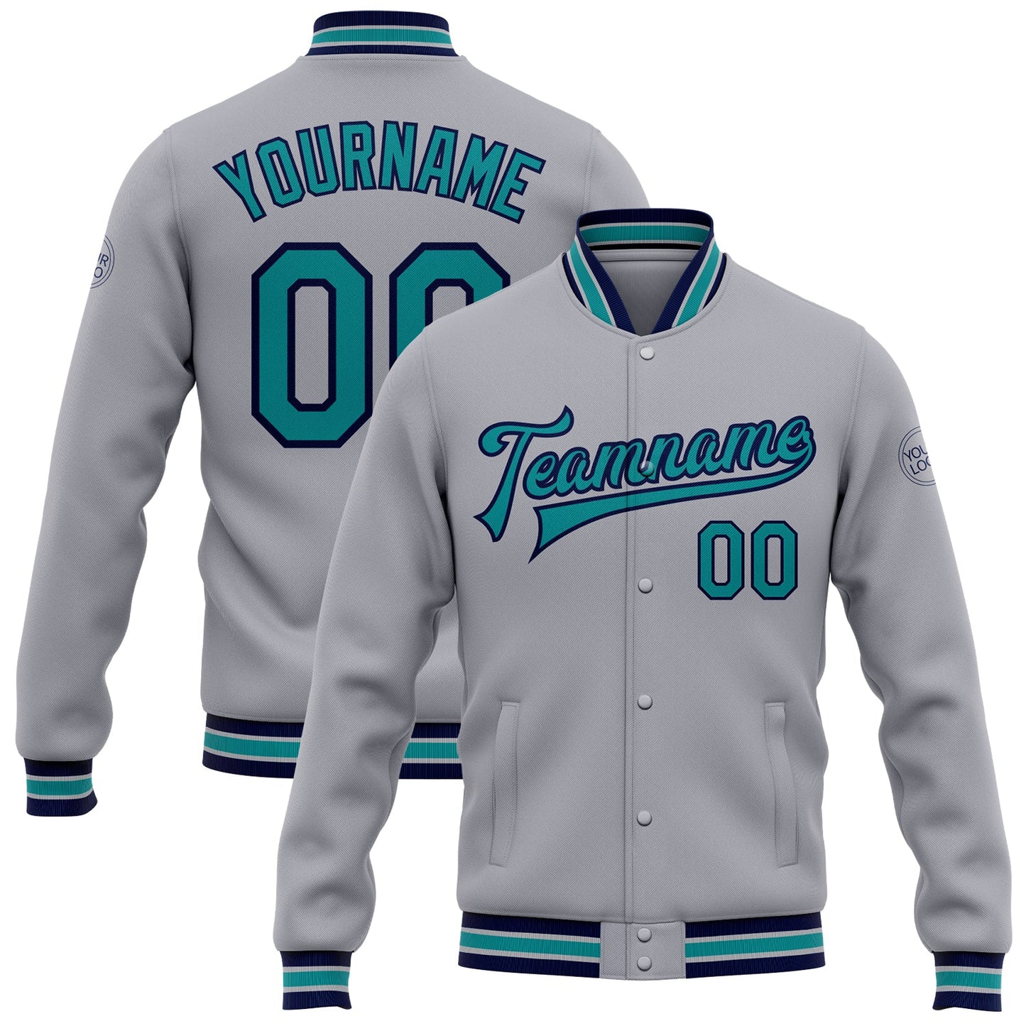 Custom Gray Teal-Navy Bomber Full-Snap Varsity Letterman Jacket