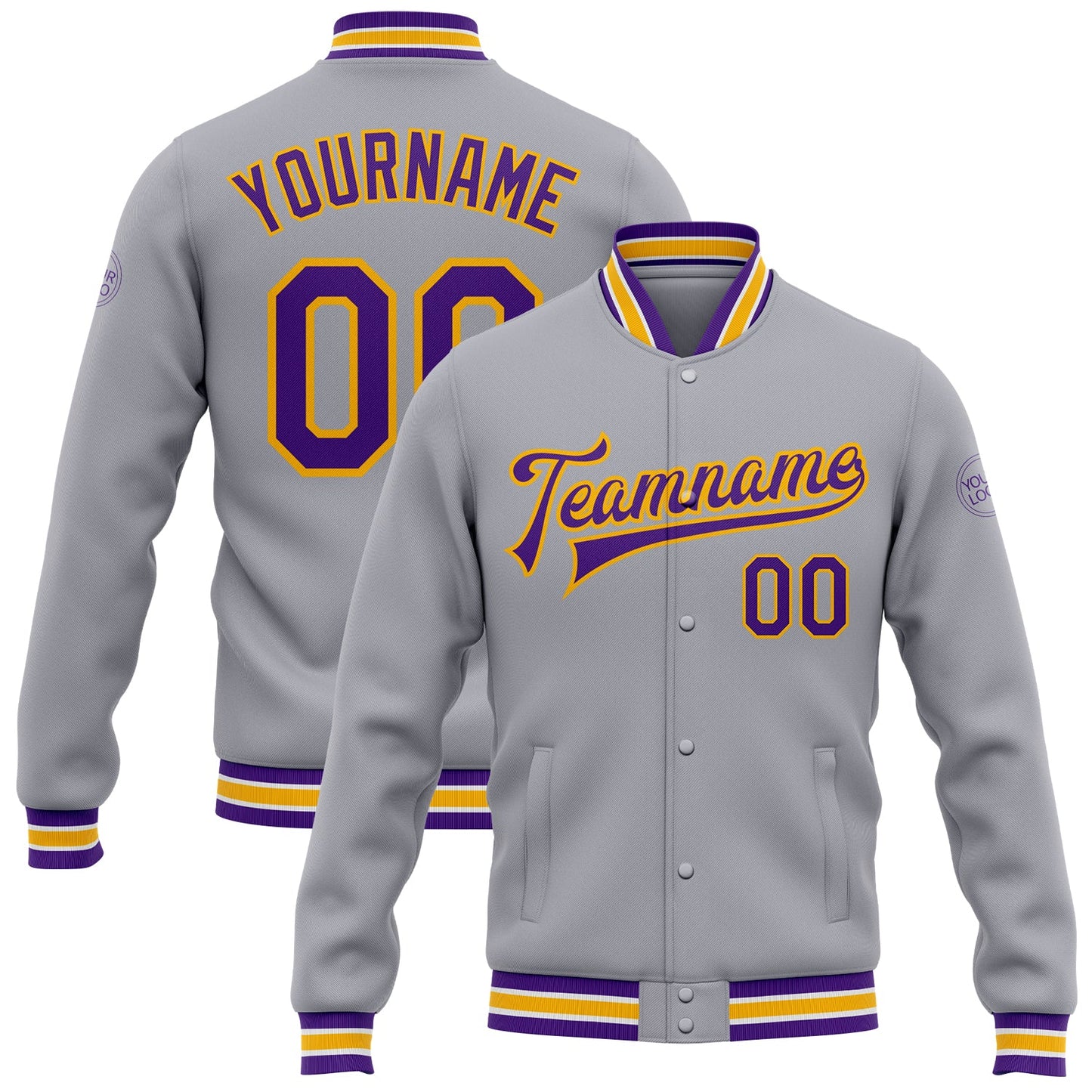 Custom Gray Purple-Gold Bomber Full-Snap Varsity Letterman Jacket