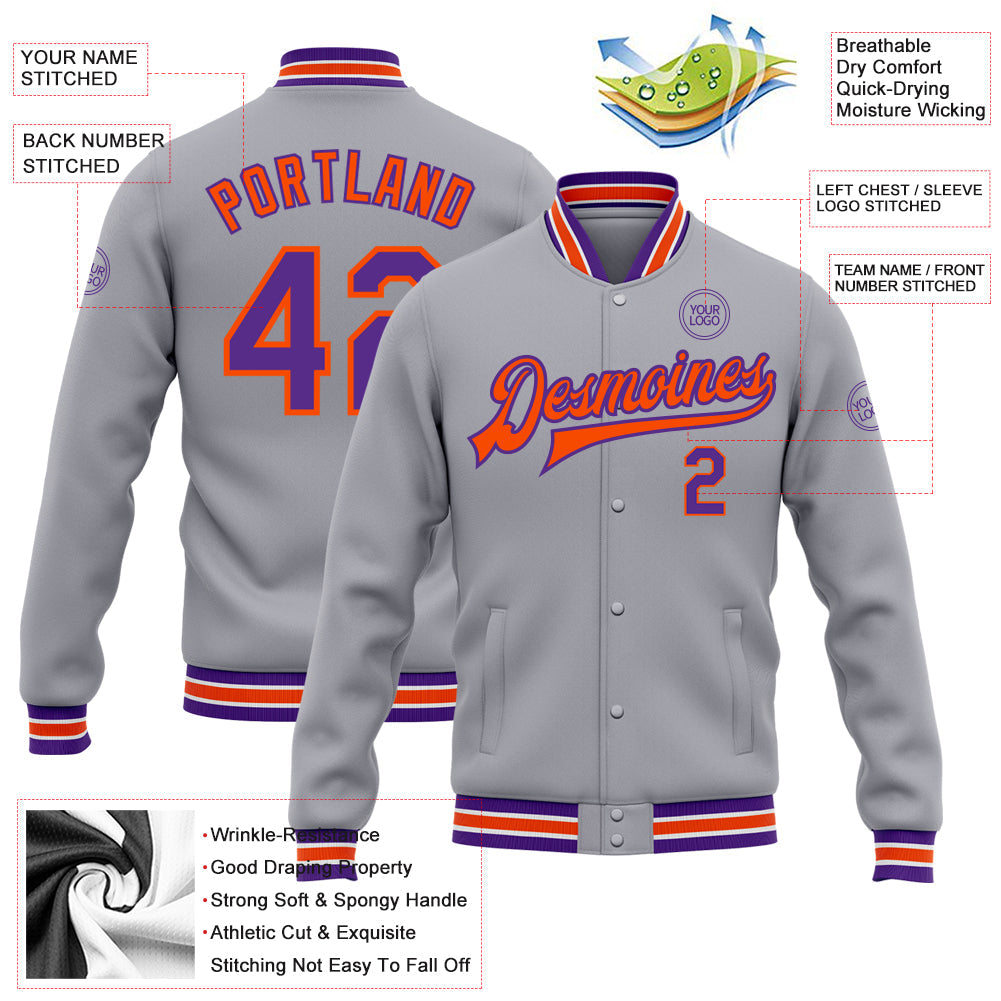 Custom Gray Purple-Orange Bomber Full-Snap Varsity Letterman Jacket