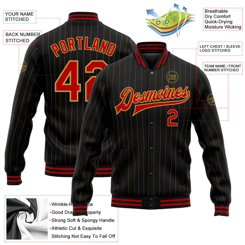 Custom Black Old Gold Pinstripe Red Bomber Full-Snap Varsity Letterman Jacket