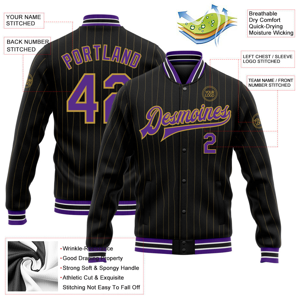 Custom Black Old Gold Pinstripe Purple-White Bomber Full-Snap Varsity Letterman Jacket