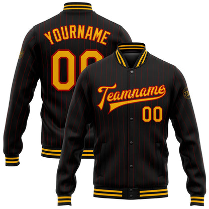 Custom Black Red Pinstripe Gold Bomber Full-Snap Varsity Letterman Jacket