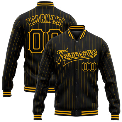 Custom Black Gold Pinstripe Gold Bomber Full-Snap Varsity Letterman Jacket