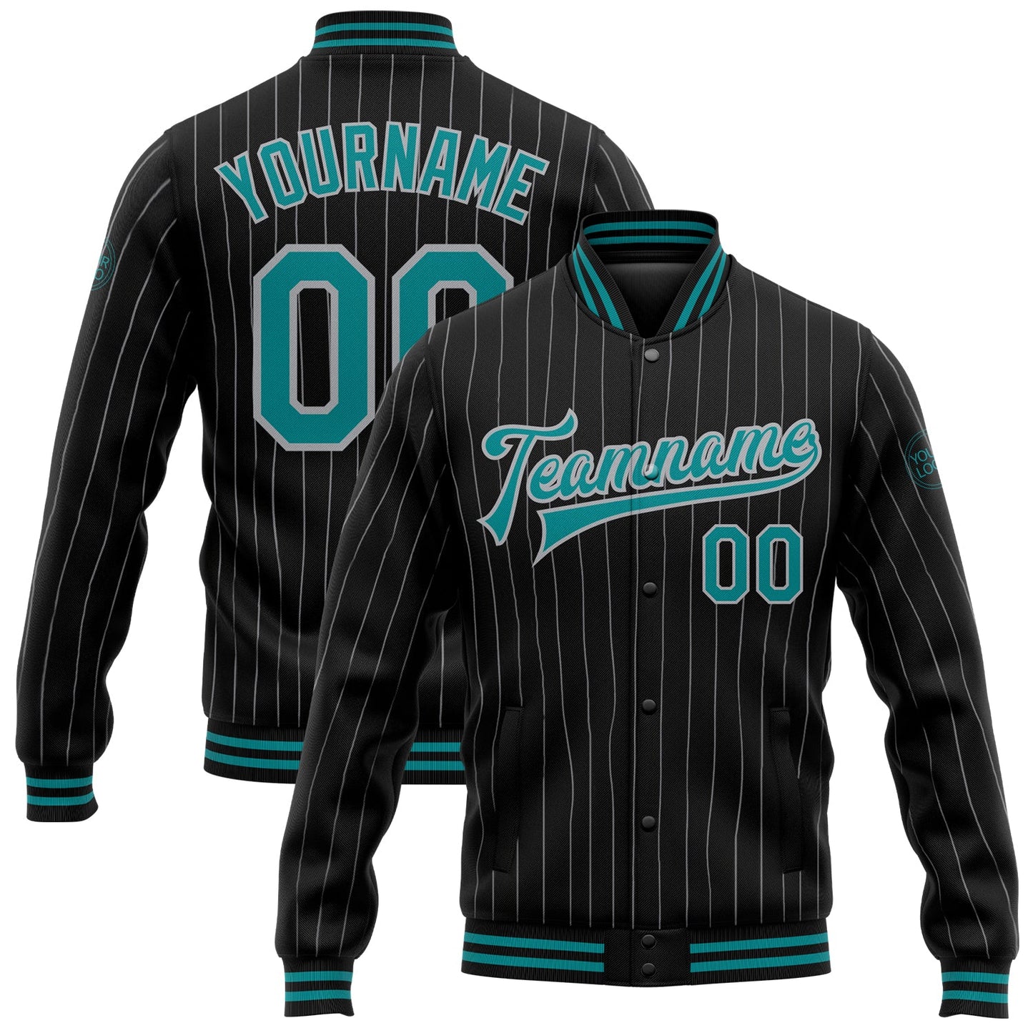 Custom Black Gray Pinstripe Teal Bomber Full-Snap Varsity Letterman Jacket