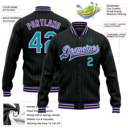 Custom Black Teal Pinstripe Purple Bomber Full-Snap Varsity Letterman Jacket