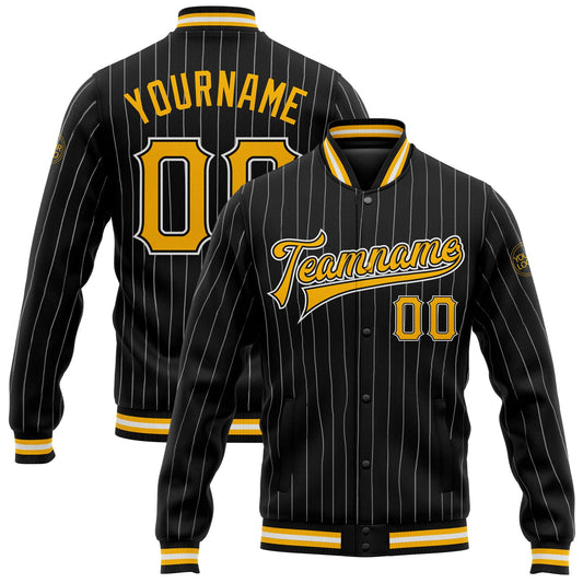 Custom Black White Pinstripe Gold Bomber Full-Snap Varsity Letterman Jacket