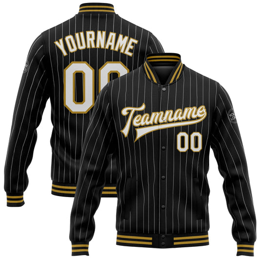 Custom Black White Pinstripe Old Gold Bomber Full-Snap Varsity Letterman Jacket