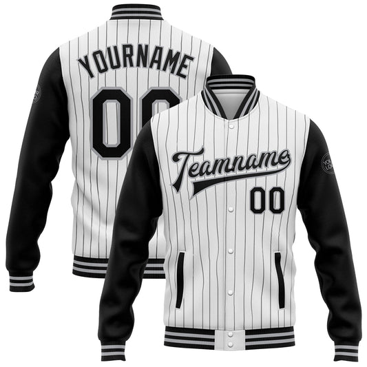 Custom White Black Pinstripe Gray Bomber Full-Snap Varsity Letterman Two Tone Jacket