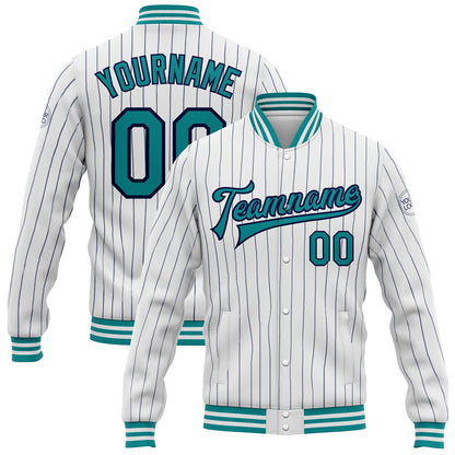 Custom White Navy Pinstripe Teal Bomber Full-Snap Varsity Letterman Jacket