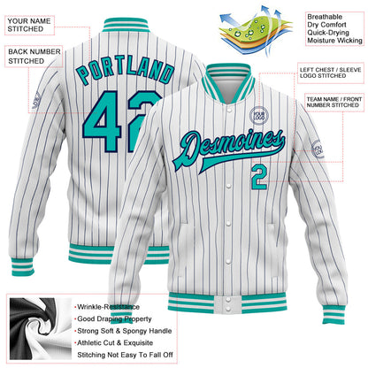 Custom White Navy Pinstripe Aqua Bomber Full-Snap Varsity Letterman Jacket