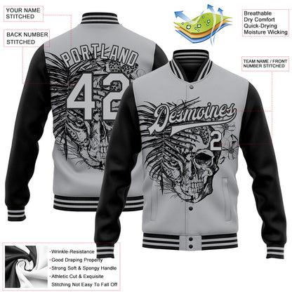 Custom Gray Black Tropical Plant Leopard Skull Fashion 3D Bomber Full-Snap Varsity Letterman Two Tone Jacket