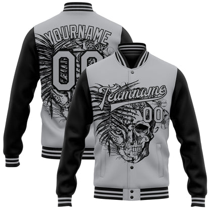 Custom Gray Black Tropical Plant Leopard Skull Fashion 3D Bomber Full-Snap Varsity Letterman Two Tone Jacket