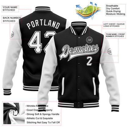 Custom Black White Bomber Full-Snap Varsity Letterman Two Tone Jacket