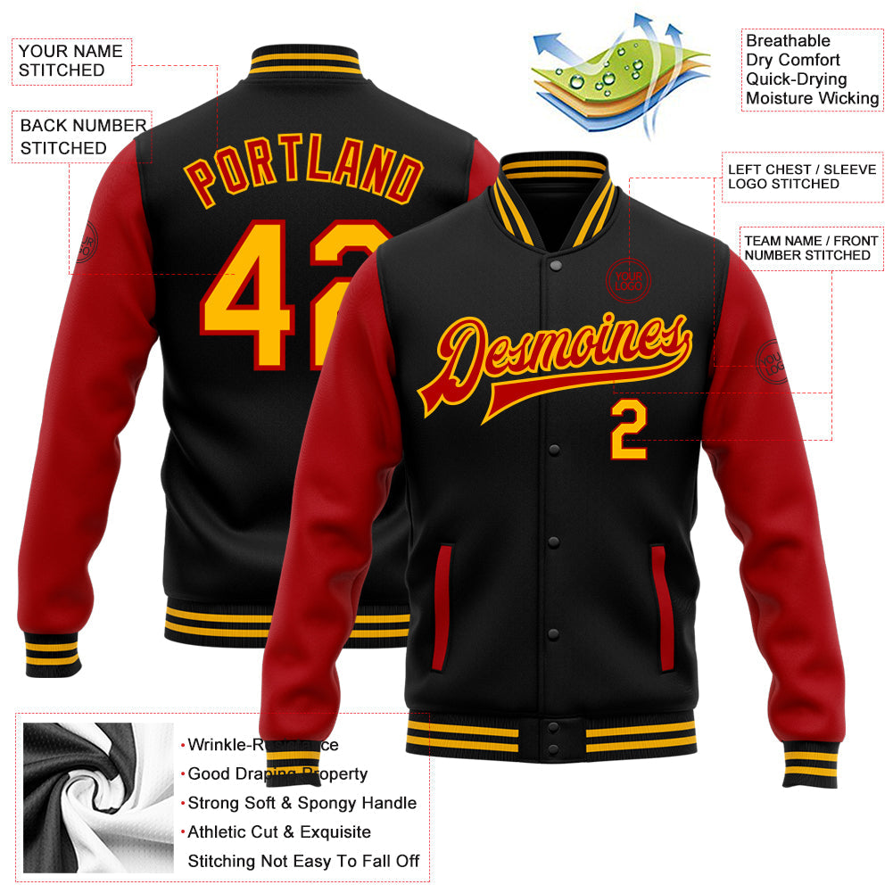 Custom Black Gold-Red Bomber Full-Snap Varsity Letterman Two Tone Jacket