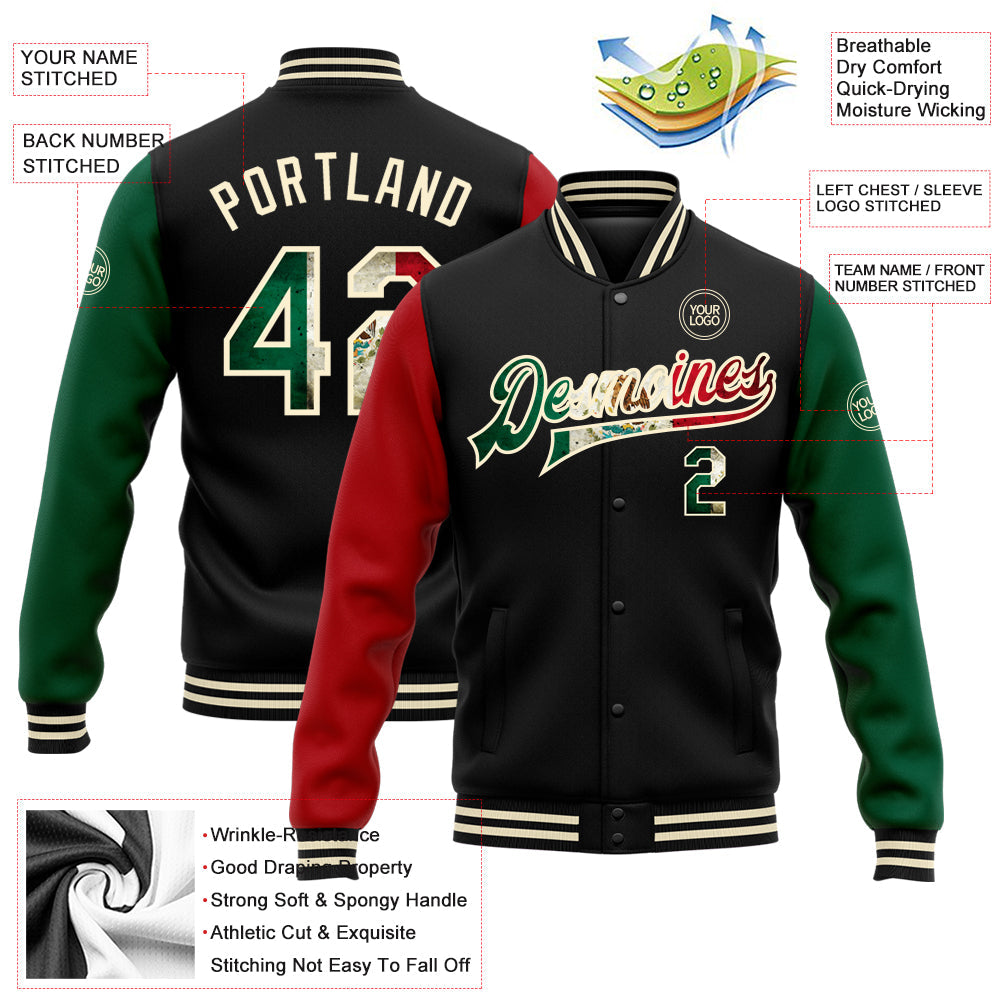 Custom Black Vintage Mexican Flag Cream Kelly Green-Red Bomber Full-Snap Varsity Letterman Two Tone Jacket