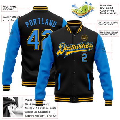 Custom Black Electric Blue-Gold Bomber Full-Snap Varsity Letterman Two Tone Jacket