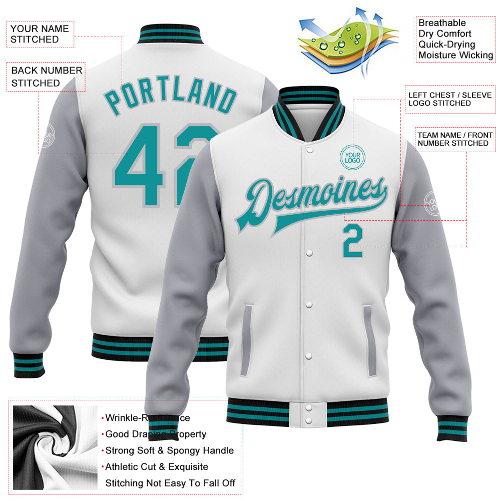 Custom White Teal Gray-Black Bomber Full-Snap Varsity Letterman Two Tone Jacket