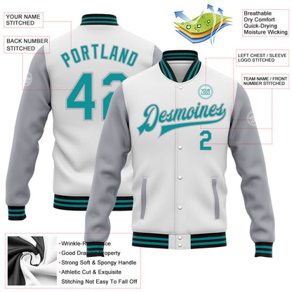 Custom White Teal Gray-Black Bomber Full-Snap Varsity Letterman Two Tone Jacket